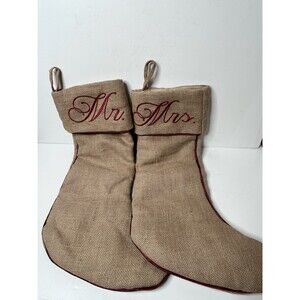 Storehouse Mr. & Mrs. Embroidered Burlap Christmas Stockings Red Tan 21”